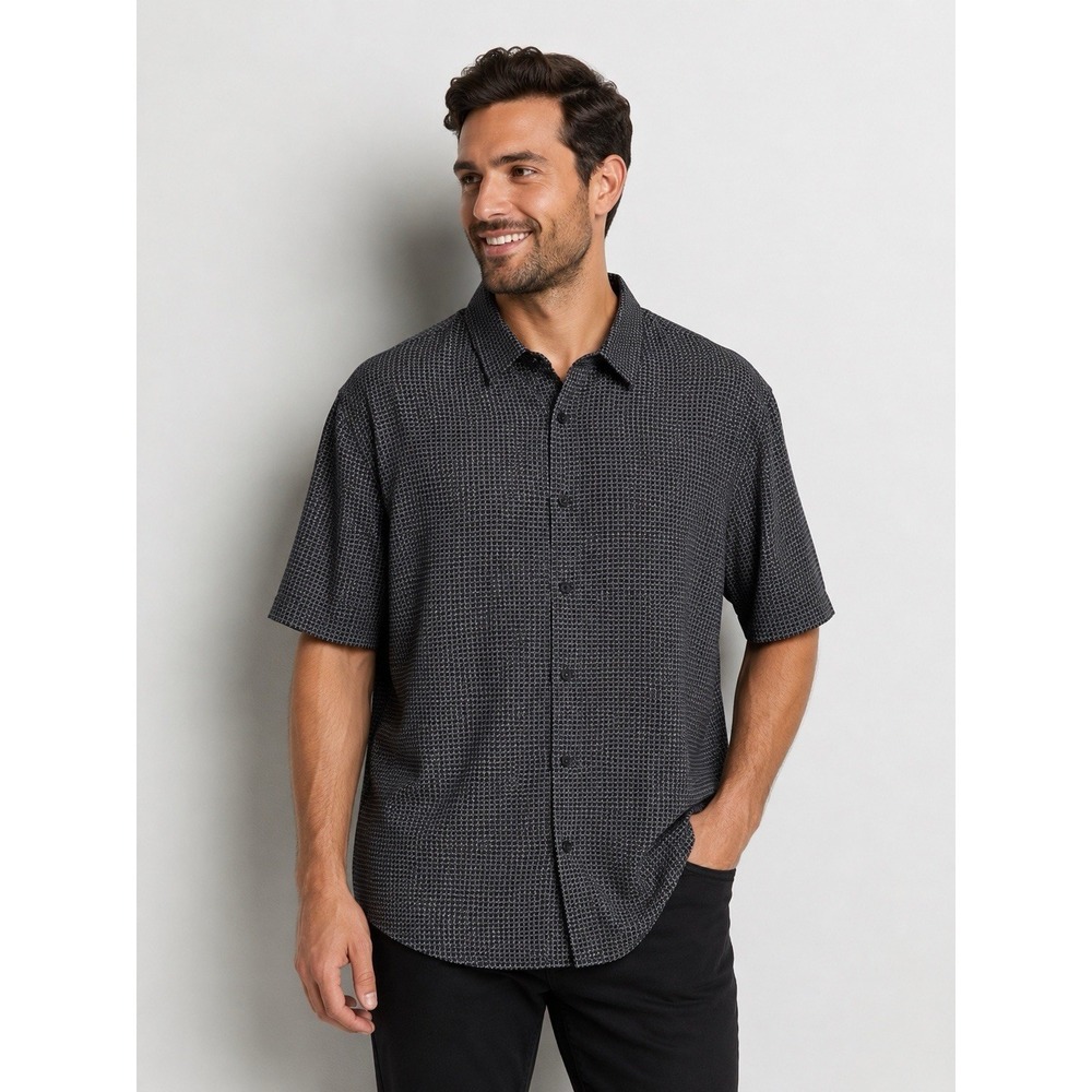 DKNY Men's 3XL Button Front Shirt Black Gray Geometric Print Stretch